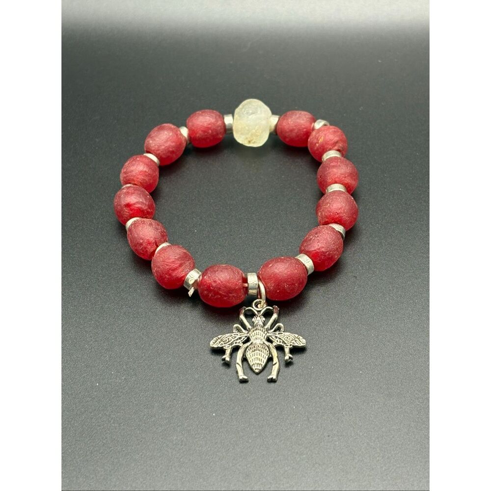 Handmade African Beaded Bracelet, NEW, Stretch, Red and White,Artisan